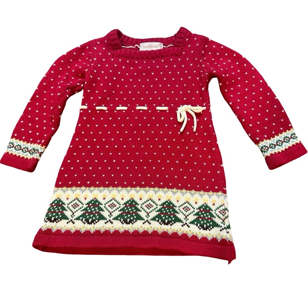 Savannah Kids Girls Red Christmas Tree Sweater Dress Size 9 12 Months‎ Cotton